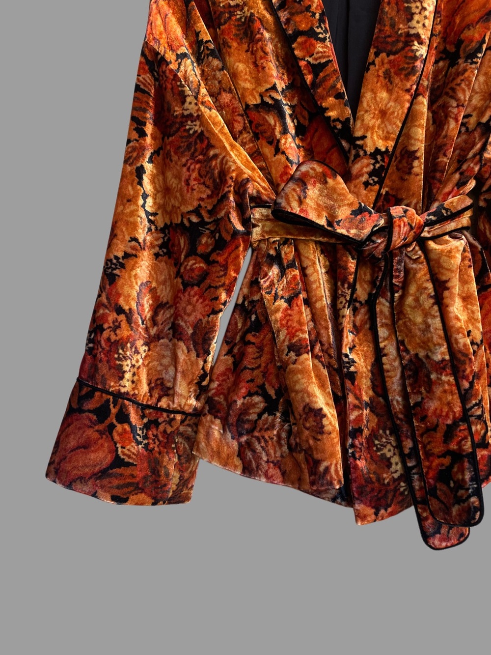 SEZANE Orange & Black Fall Floral Belted Velvet Lapels Blazer Gwendal Jacket - Picture 4 of 15